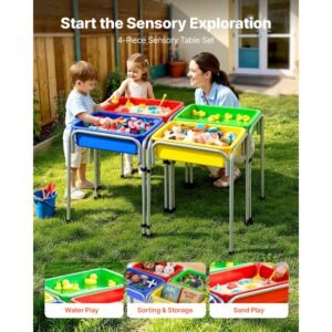sensory table for toddlers, kids 4 station sand and water adjustable play table with detachable storage bins and non slip feet, carbon steel frame, rounded corners, for boys and girls exploring