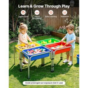 sensory table for toddlers, kids 4 station sand and water adjustable play table with detachable storage bins and non slip feet, carbon steel frame, rounded corners, for boys and girls exploring