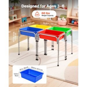 sensory table for toddlers, kids 4 station sand and water adjustable play table with detachable storage bins and non slip feet, carbon steel frame, rounded corners, for boys and girls exploring