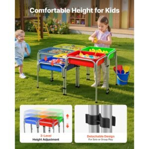 sensory table for toddlers, kids 4 station sand and water adjustable play table with detachable storage bins and non slip feet, carbon steel frame, rounded corners, for boys and girls exploring