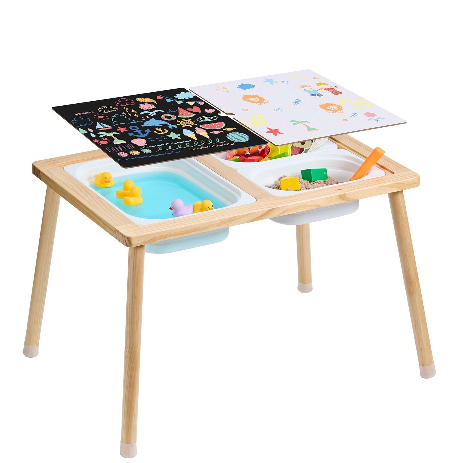 sensory table for toddlers, kids activity table with 3 foldable storage bins & double sided board, indoor/outdoor play sand and water table, wooden kids sensory table for drawing studying dining