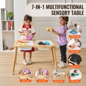 sensory table for toddlers, kids activity table with 3 foldable storage bins & paper roll holder, indoor/outdoor play sand and water table, wooden kids sensory drawing table, gift for boys girls