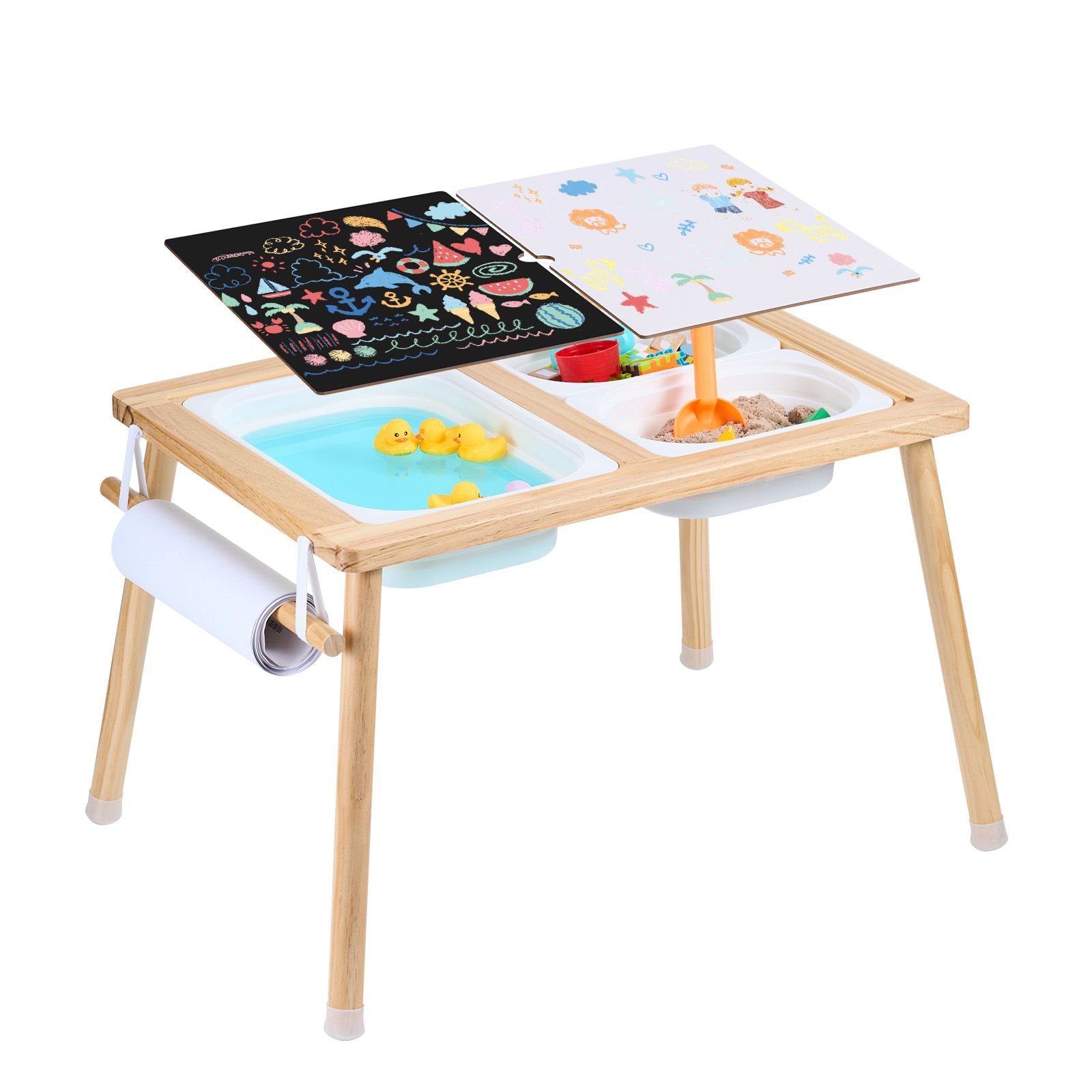 sensory table for toddlers, kids activity table with 3 foldable storage bins & paper roll holder, indoor/outdoor play sand and water table, wooden kids sensory drawing table, gift for boys girls