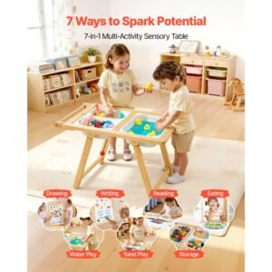 sensory table for toddlers, wooden kids activity table and art easel with reversible double sided board, storage bins, for boys and girls playing sand and water, drawing, studying, dining