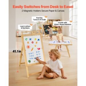 sensory table for toddlers, wooden kids activity table and art easel with reversible double sided board, storage bins, for boys and girls playing sand and water, drawing, studying, dining