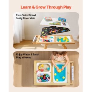 sensory table for toddlers, wooden kids activity table and art easel with reversible double sided board, storage bins, for boys and girls playing sand and water, drawing, studying, dining