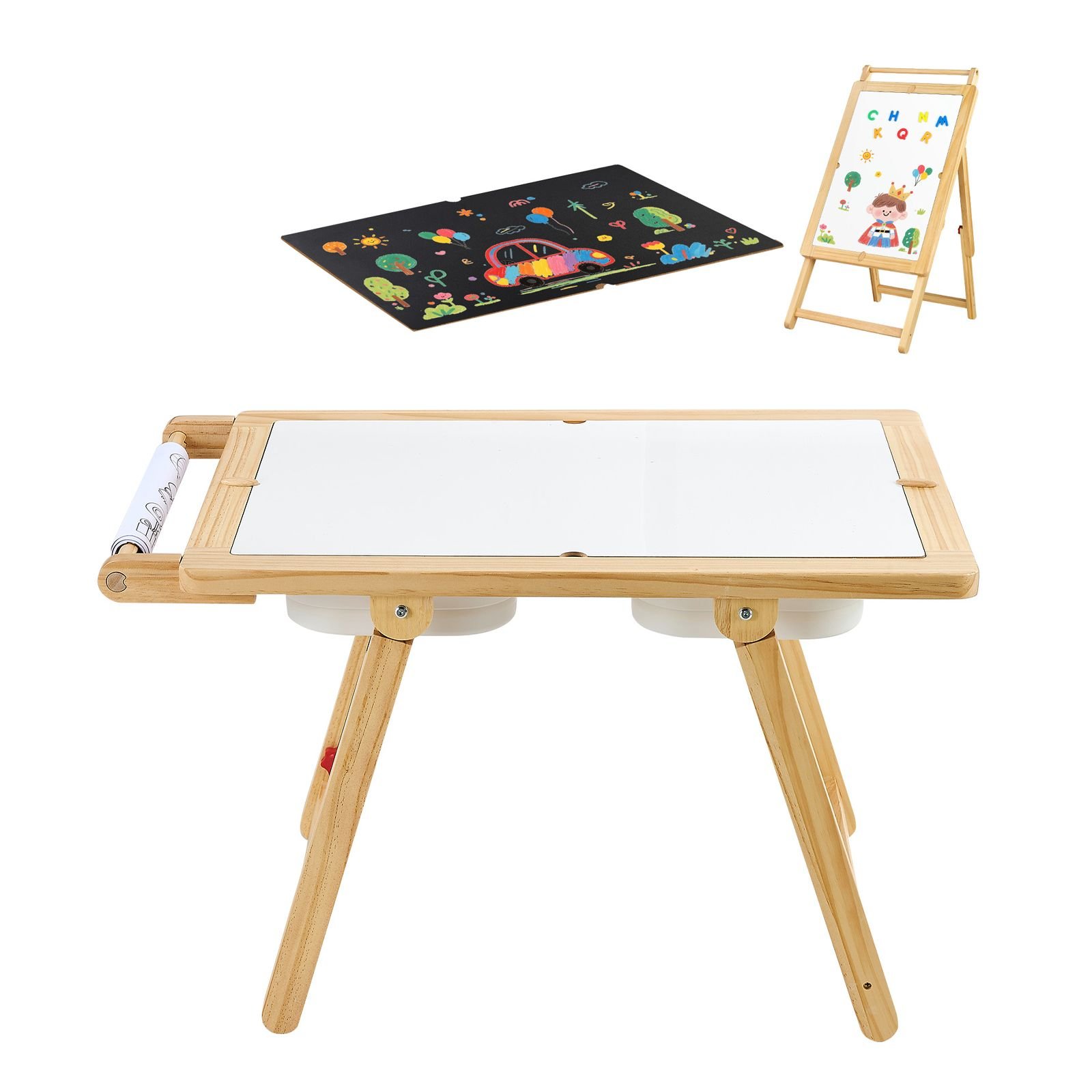 sensory table for toddlers, wooden kids activity table and art easel with reversible double sided board, storage bins, for boys and girls playing sand and water, drawing, studying, dining