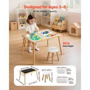 sensory table for toddlers, wooden kids activity table with 2 stools, double sided board, storage bins, and non slip feet, for boys and girls playing sand and water, drawing, studying, dining