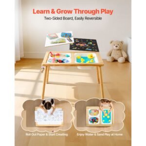 sensory table for toddlers, wooden kids activity table with 2 stools, double sided board, storage bins, and non slip feet, for boys and girls playing sand and water, drawing, studying, dining