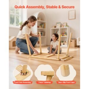 sensory table for toddlers, wooden kids activity table with 2 stools, double sided board, storage bins, and non slip feet, for boys and girls playing sand and water, drawing, studying, dining