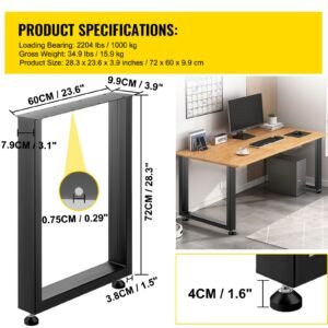 set of 2 steel table legs, 28''height 24''wide dining table legs, heavy duty 3.1" width box section square table legs, 28x24x3.1 inch black color industrial country style metal dining legs