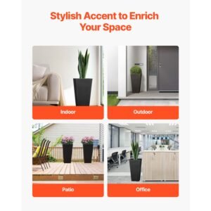 set of 2 tall outdoor planters 22inch, large planters for outdoor indoor plants, black tapered square front porch planters flower tree plant pots with modern design and built in drainage