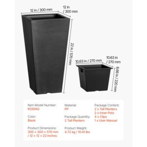set of 2 tall outdoor planters 22inch, large planters for outdoor indoor plants, black tapered square front porch planters flower tree plant pots with modern design and built in drainage