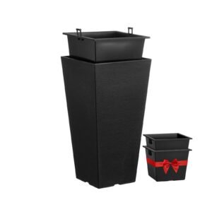 set of 2 tall outdoor planters 22inch, large planters for outdoor indoor plants, black tapered square front porch planters flower tree plant pots with modern design and built in drainage