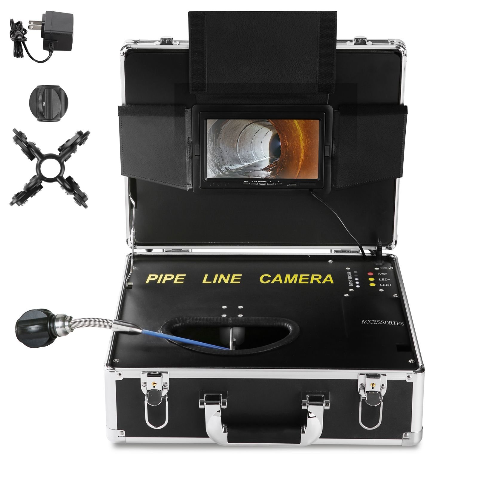 sewer camera, 100 ft/30 m, 7" screen pipeline inspection camera with dvr function, waterproof ip68 camera, 12 pcs adjustable leds, with a 16 gb sd card for sewer line, duct drain pipe plumbing