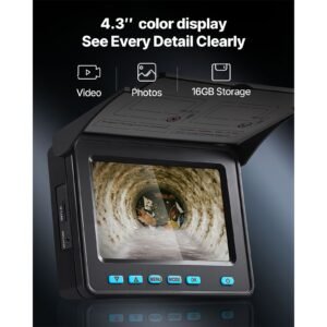 sewer camera, 98 ft/30m, 4.3" drain inspection camera, ip68 waterproof snake plumbing camera with lights 6 adjustable leds, 4500mah battery & 16gb card for sewer line duct pipes