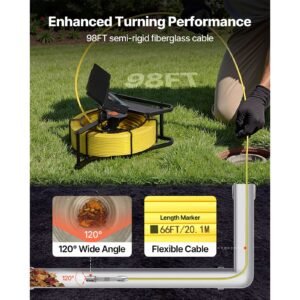 sewer camera, 98 ft/30m, 4.3" drain inspection camera, ip68 waterproof snake plumbing camera with lights 6 adjustable leds, 4500mah battery & 16gb card for sewer line duct pipes