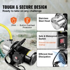 shallow well pump, 1.5 hp 115v, 1200 gph 164 ft height, 87 psi max pressure, portable stainless steel sprinkler booster jet pumps for garden lawn irrigation system, lake fountain, water transfer