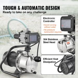 shallow well pump, 1hp 115v, 1200 gph 145 ft head, portable stainless steel sprinkler booster jet pumps with automatic controller for garden lawn irrigation system, water transfer
