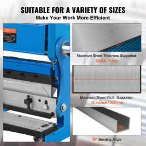 sheet metal brake, 12 inch, 3 in 1 combination shear brake roll machine, 20 gauge capacity shear press brake with 90° max bending angle, shears and slip roll machine for shear bending rolling