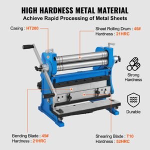 sheet metal brake, 12 inch, 3 in 1 combination shear brake roll machine, 20 gauge capacity shear press brake with 90° max bending angle, shears and slip roll machine for shear bending rolling