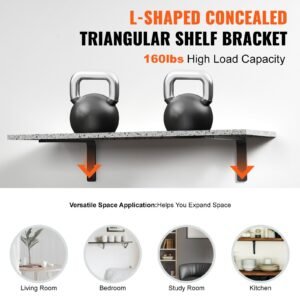 shelf bracket, 16 x 6 in 4 pcs, heavy duty floating shelf brackets, brackets for shelves, 10mm thick matte black l shelf bracket,steel shelving brackets with 160 lbs load capacity