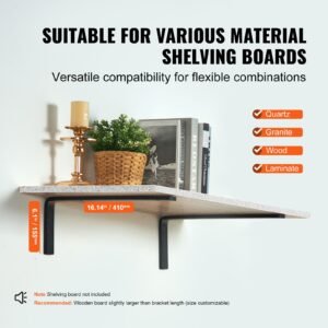 shelf bracket, 16 x 6 in 4 pcs, heavy duty floating shelf brackets, brackets for shelves, 10mm thick matte black l shelf bracket,steel shelving brackets with 160 lbs load capacity