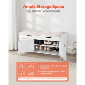 shoe bench, 41.3 x 13.8 x 19.8 inch entryway bench with lift top storage and seat cushion, 250lbs shoe rack with 3 cabinets and height adjustable shelf, for bedroom, hallway, white + black