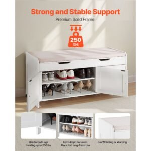 shoe bench, 41.3 x 13.8 x 19.8 inch entryway bench with lift top storage and seat cushion, 250lbs shoe rack with 3 cabinets and height adjustable shelf, for bedroom, hallway, white + black
