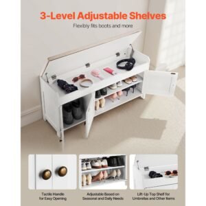 shoe bench, 41.3 x 13.8 x 19.8 inch entryway bench with lift top storage and seat cushion, 250lbs shoe rack with 3 cabinets and height adjustable shelf, for bedroom, hallway, white + black