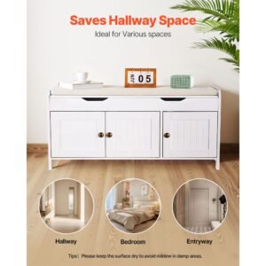 shoe bench, 41.3 x 13.8 x 19.8 inch entryway bench with lift top storage and seat cushion, 250lbs shoe rack with 3 cabinets and height adjustable shelf, for bedroom, hallway, white + black