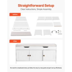 shoe bench, 41.3 x 13.8 x 19.8 inch entryway bench with lift top storage and seat cushion, 250lbs shoe rack with 3 cabinets and height adjustable shelf, for bedroom, hallway, white + black