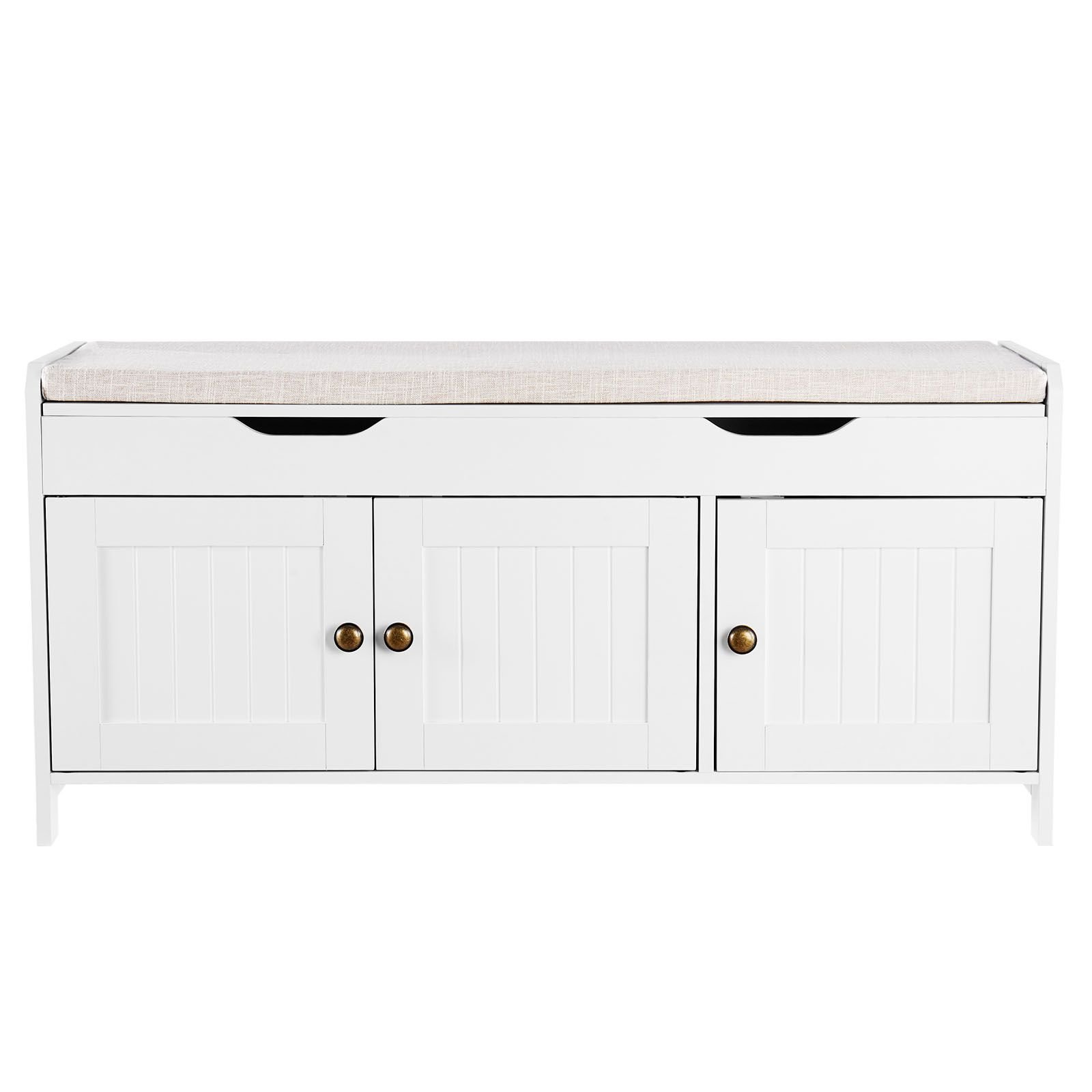 shoe bench, 41.3 x 13.8 x 19.8 inch entryway bench with lift top storage and seat cushion, 250lbs shoe rack with 3 cabinets and height adjustable shelf, for bedroom, hallway, white + black