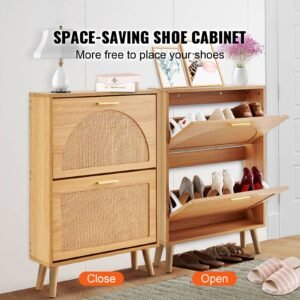 shoe cabinet with 2 flip drawers, shoe storage cabinet for entryway, free standing shoe storage organizer with rattan doors for heels, boots, slippers in hallway, living room