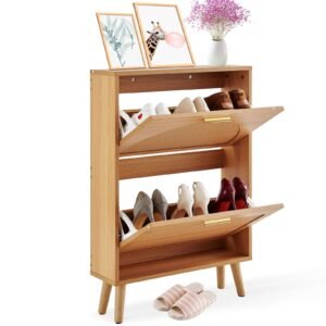 shoe cabinet with 2 flip drawers, shoe storage cabinet for entryway, free standing shoe storage organizer with rattan doors for heels, boots, slippers in hallway, living room
