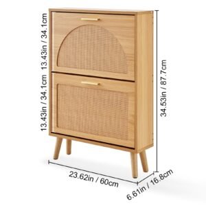 shoe cabinet with 2 flip drawers, shoe storage cabinet for entryway, free standing shoe storage organizer with rattan doors for heels, boots, slippers in hallway, living room