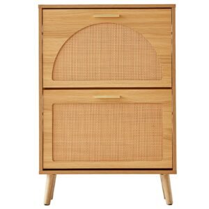 shoe cabinet with 2 flip drawers, shoe storage cabinet for entryway, free standing shoe storage organizer with rattan doors for heels, boots, slippers in hallway, living room