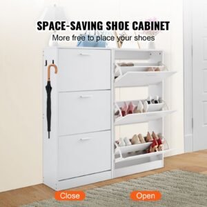shoe cabinet with 3 flip drawers, shoe storage cabinet for entryway, free standing shoe storage organizer with side hooks for heels, boots, slippers in hallway, living room