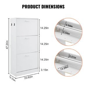 shoe cabinet with 3 flip drawers, shoe storage cabinet for entryway, free standing shoe storage organizer with side hooks for heels, boots, slippers in hallway, living room