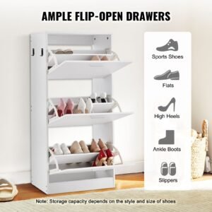 shoe cabinet with 3 flip drawers, shoe storage cabinet for entryway, free standing shoe storage organizer with side hooks for heels, boots, slippers in hallway, living room