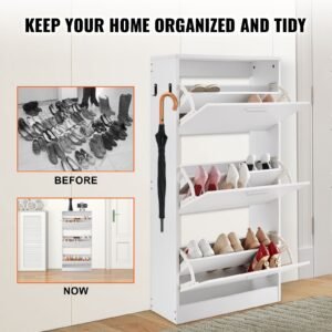 shoe cabinet with 3 flip drawers, shoe storage cabinet for entryway, free standing shoe storage organizer with side hooks for heels, boots, slippers in hallway, living room