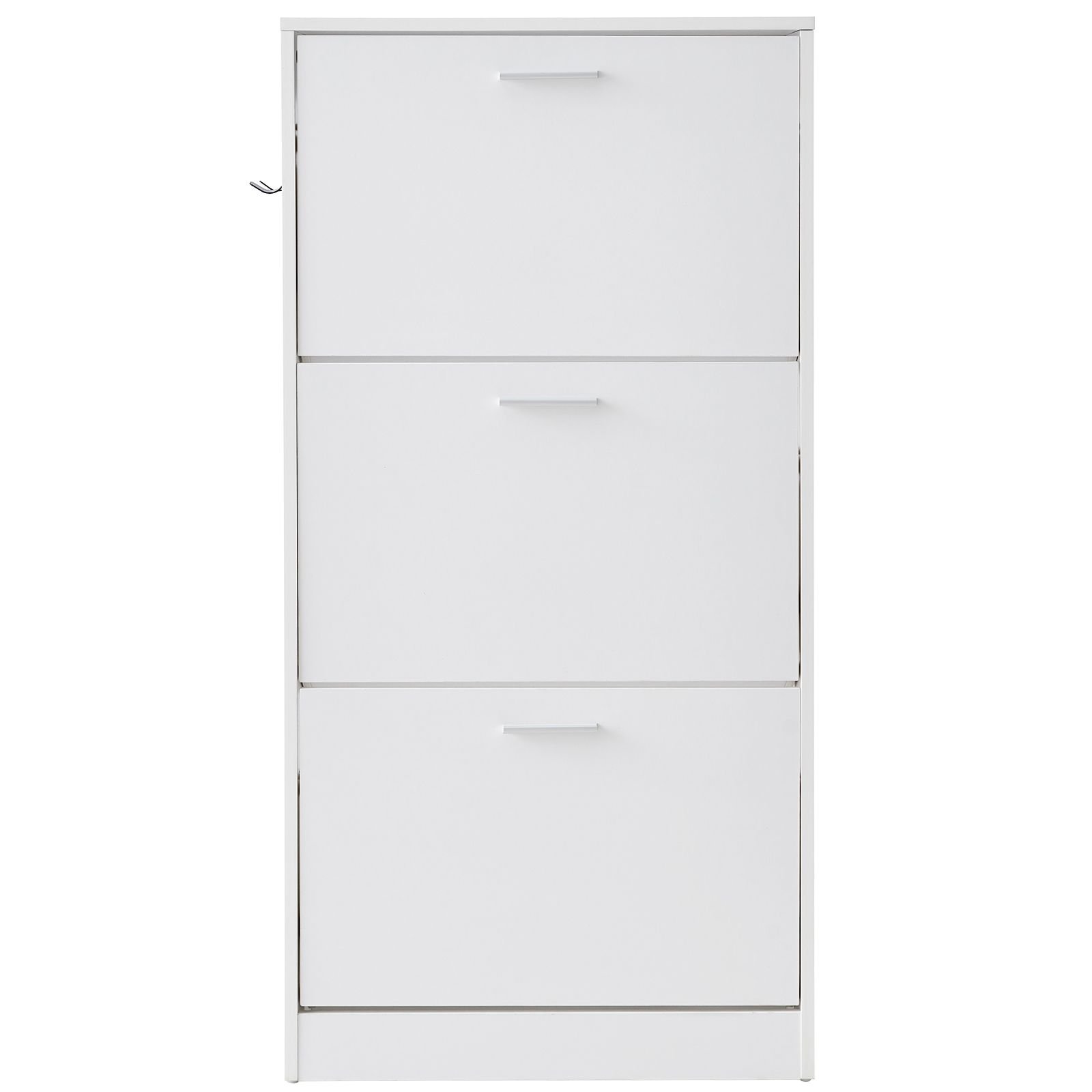 shoe cabinet with 3 flip drawers, shoe storage cabinet for entryway, free standing shoe storage organizer with side hooks for heels, boots, slippers in hallway, living room
