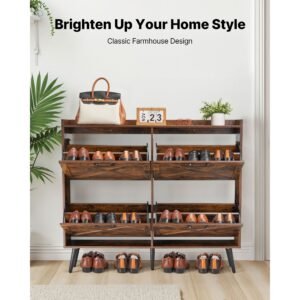 shoe cabinet with 4 flip drawers, farmhouse shoes storage cabinet with wood legs and anti tipping device, freestanding shoe organizer ideal for entryway, hallway, bedroom, living room, brown