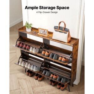shoe cabinet with 4 flip drawers, farmhouse shoes storage cabinet with wood legs and anti tipping device, freestanding shoe organizer ideal for entryway, hallway, bedroom, living room, brown