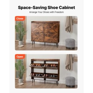 shoe cabinet with 4 flip drawers, farmhouse shoes storage cabinet with wood legs and anti tipping device, freestanding shoe organizer ideal for entryway, hallway, bedroom, living room, brown