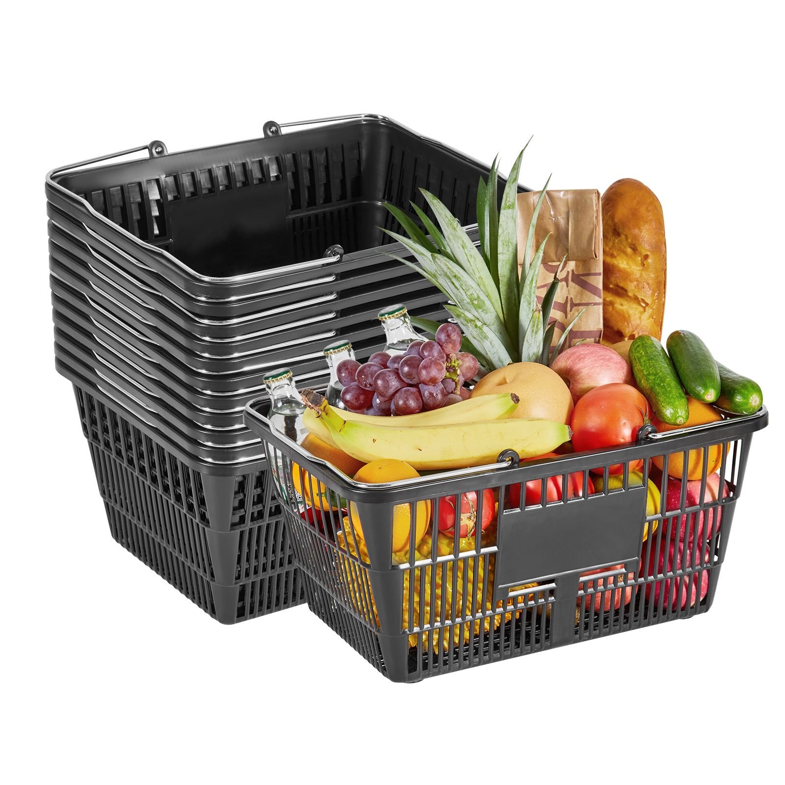 shopping baskets, 12 pcs, 21l stackable pe plastic grocery baskets with handles, dense mesh structure, holds up to 20 lbs, portable for grocery, retail, stores, supermarket, home use, black