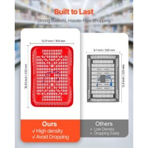 shopping baskets, 12 pcs, 21l stackable pe plastic grocery baskets with handles, dense mesh structure, holds up to 20 lbs, portable for grocery, retail, stores, supermarket, home use, red
