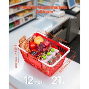 shopping baskets, 12 pcs, 21l stackable pe plastic grocery baskets with handles, dense mesh structure, holds up to 20 lbs, portable for grocery, retail, stores, supermarket, home use, red