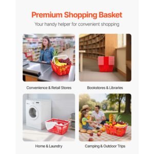 shopping baskets, 12 pcs, 21l stackable pe plastic grocery baskets with handles, dense mesh structure, holds up to 20 lbs, portable for grocery, retail, stores, supermarket, home use, red