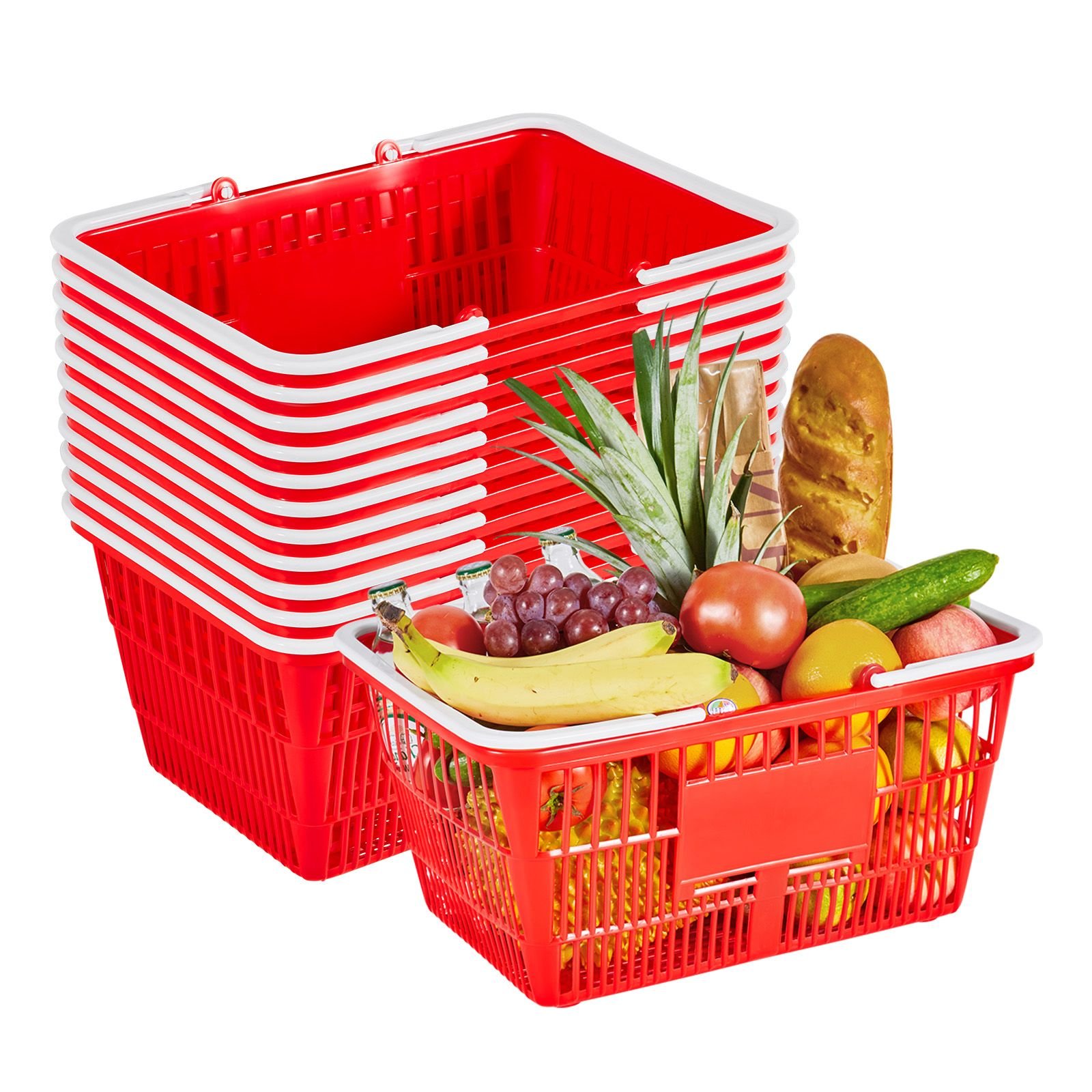 shopping baskets, 12 pcs, 21l stackable pe plastic grocery baskets with handles, dense mesh structure, holds up to 20 lbs, portable for grocery, retail, stores, supermarket, home use, red